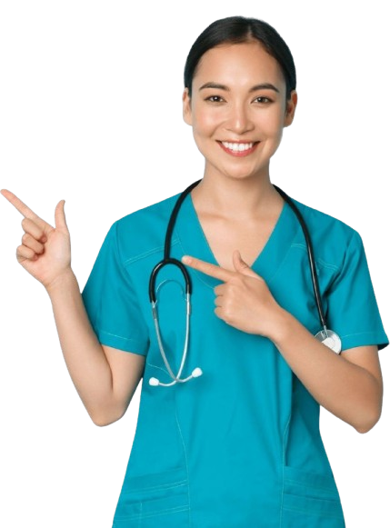 Person in scrubs pointing confidently.